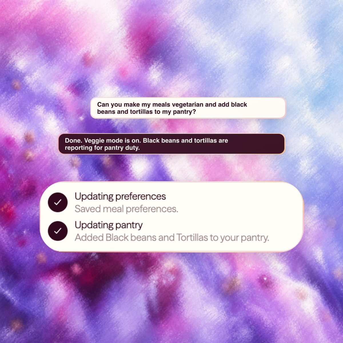 A Lumo chat example showing a client preference update and saved pantry changes.