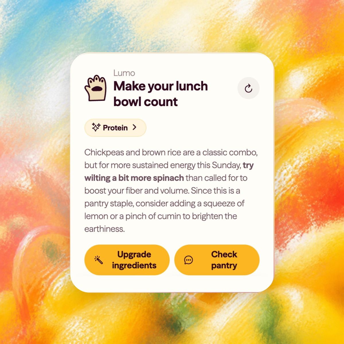 A Lumo coaching card with action buttons on a warm soft-focus brand background.
