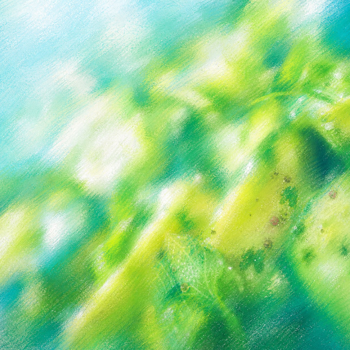 A bright soft-focus macro meal artwork with green herbs, citrus, and charcoal-pastel texture.