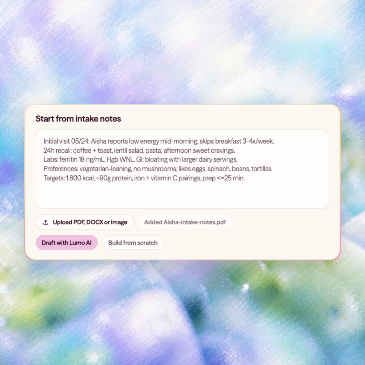 A Lumo care-plan intake card with realistic client intake notes, an attached document, and a Draft with Lumo AI button.