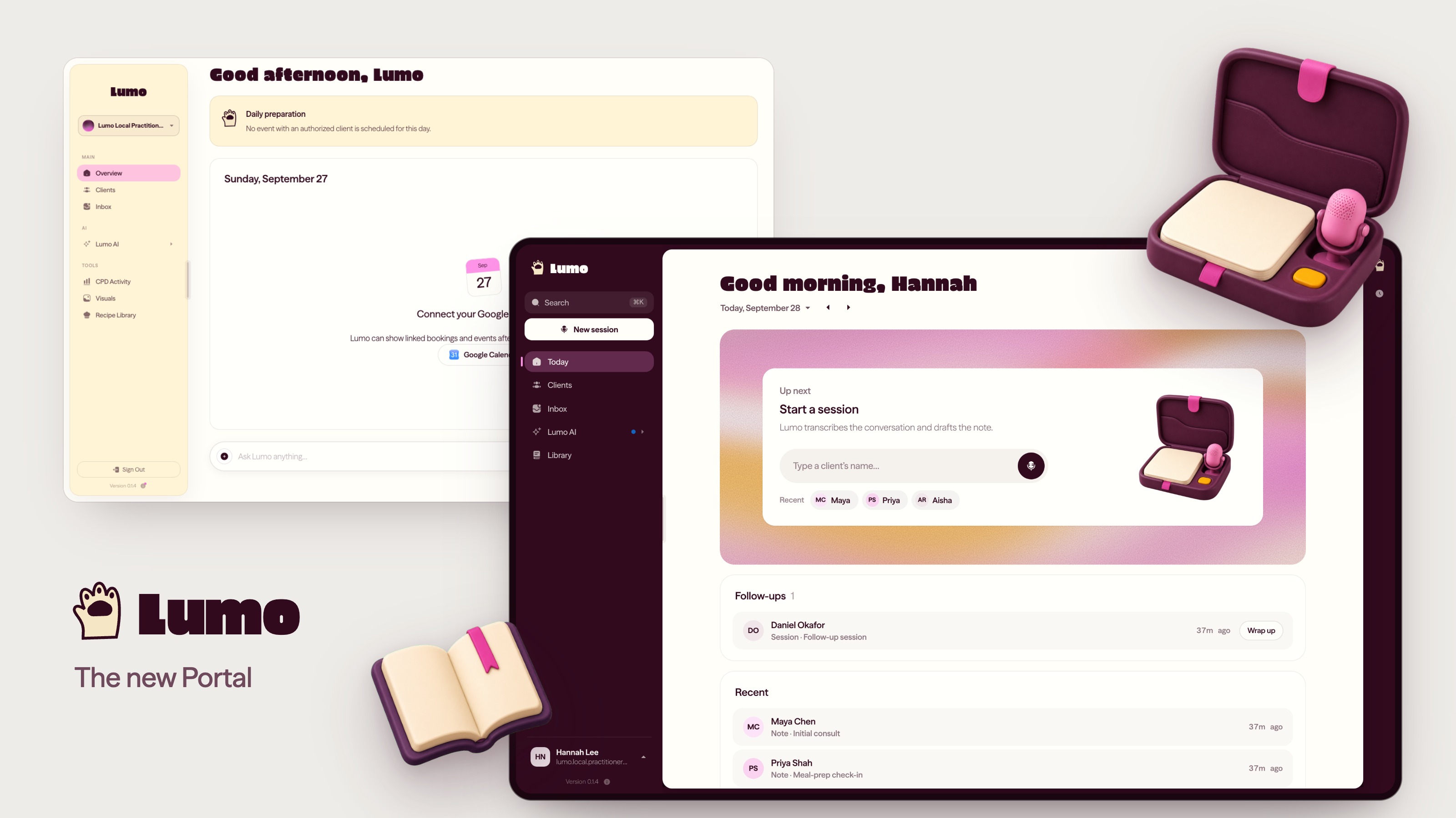 Launch preview comparing the earlier Lumo Portal with the new session-first Today page.