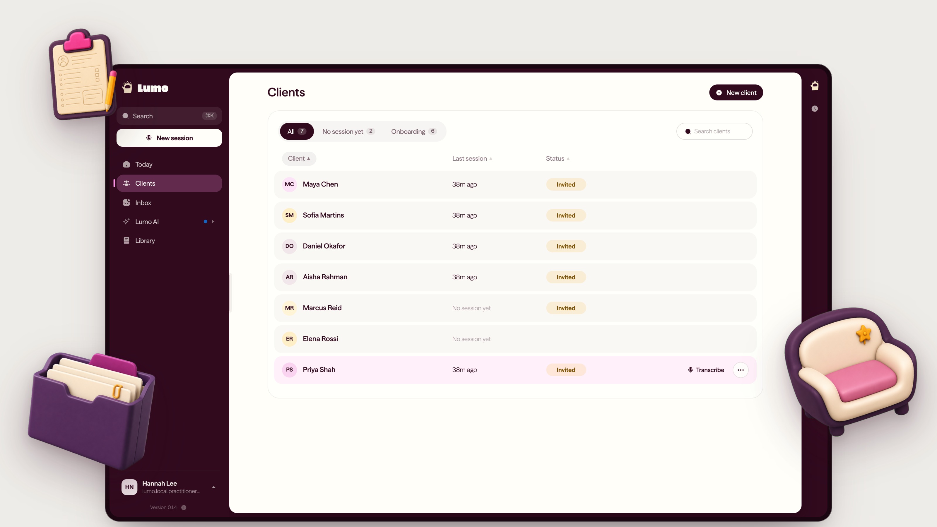 Launch preview of the Clients list with last-session information and client status.