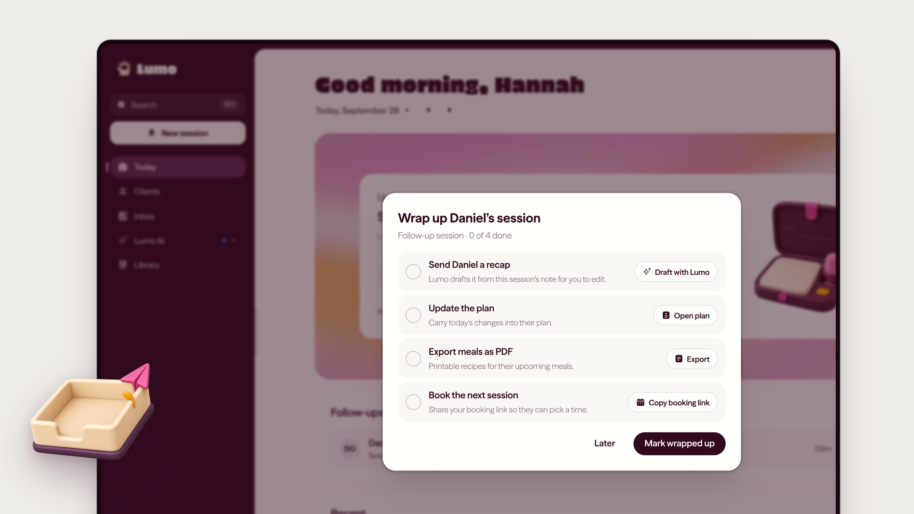 The Wrap up checklist with four steps: send a recap, update the plan, export meals as PDF, book the next session.