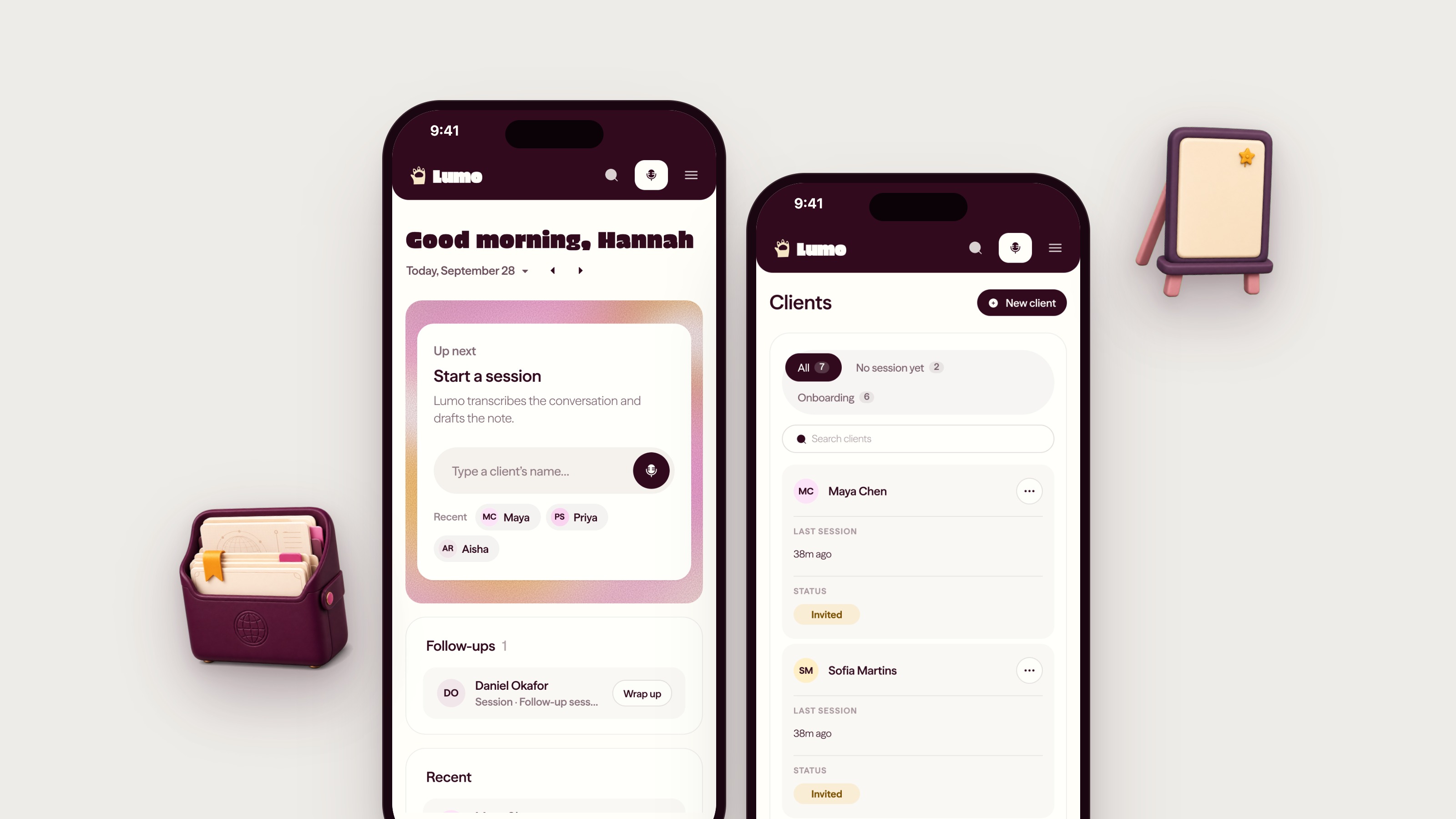 Launch preview of Lumo Portal on two phones, showing Today and Clients.
