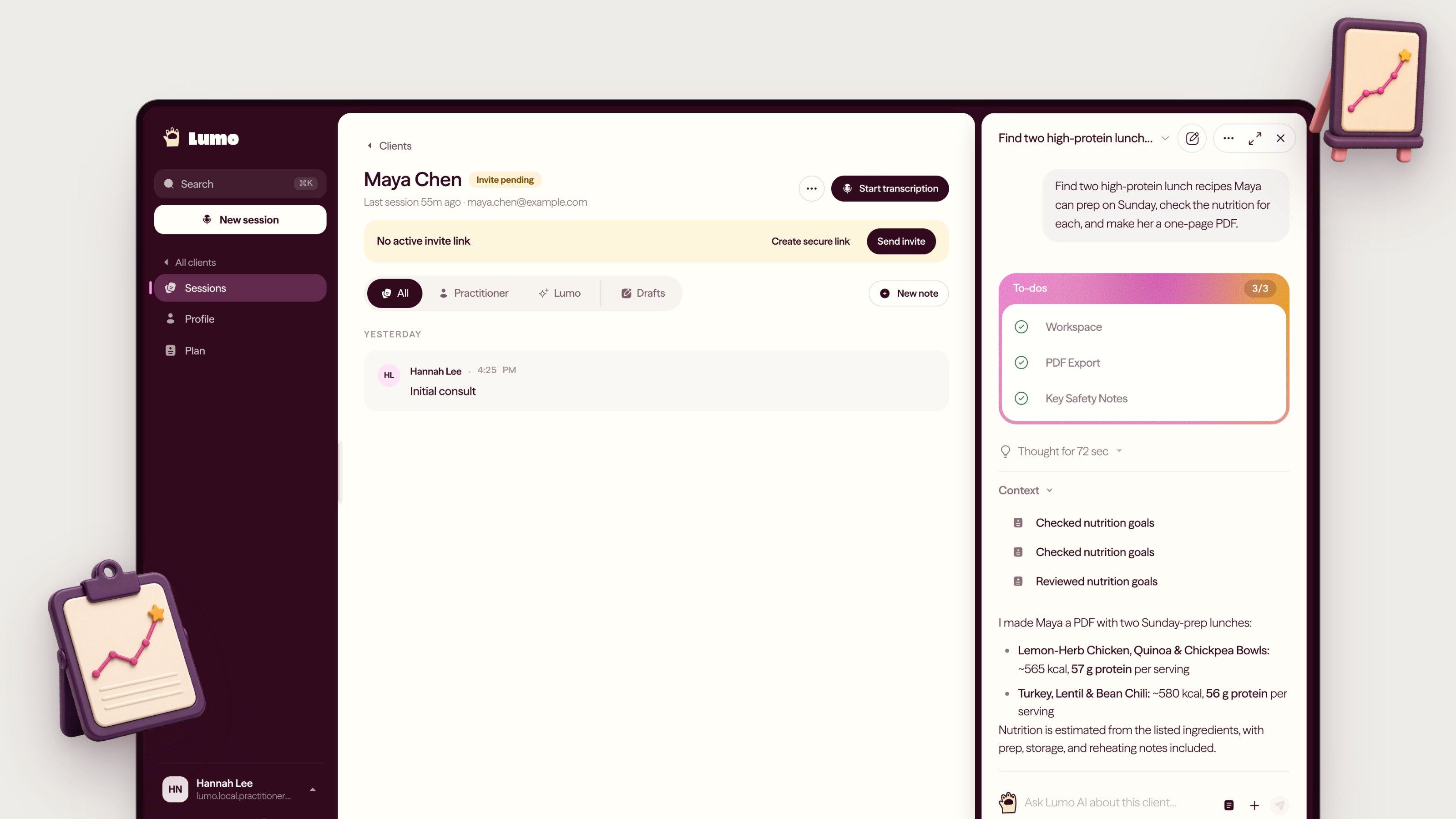 Launch preview of a client Sessions page with the Lumo panel, completed To-dos and a high-protein lunch response.