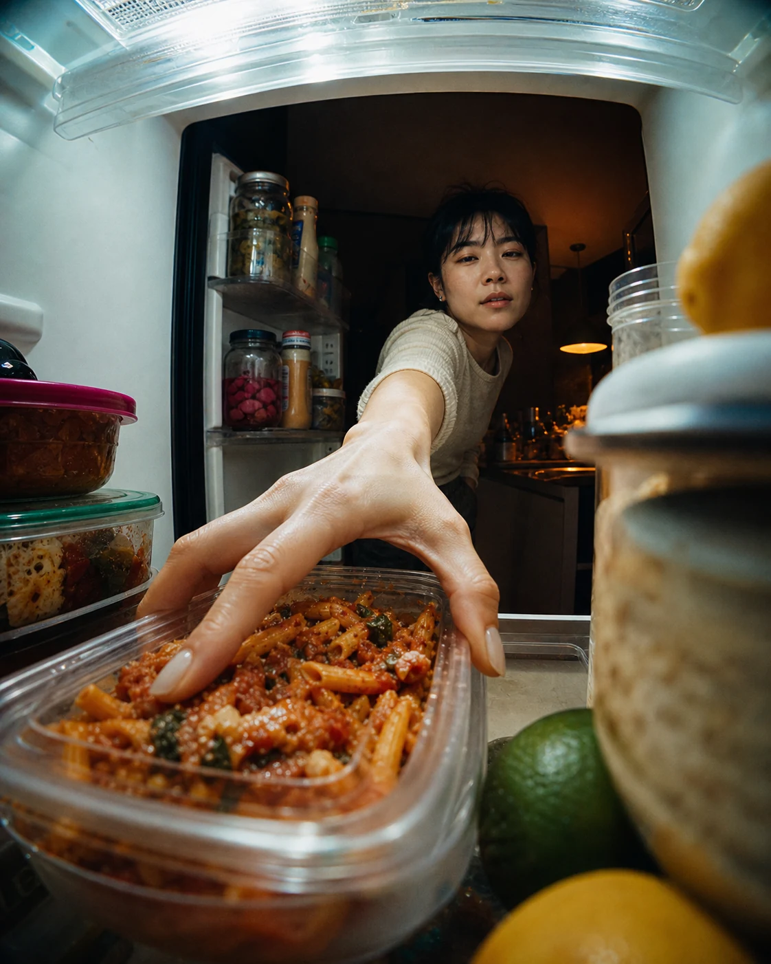 A person reaching into a refrigerator for a container of leftover pasta.