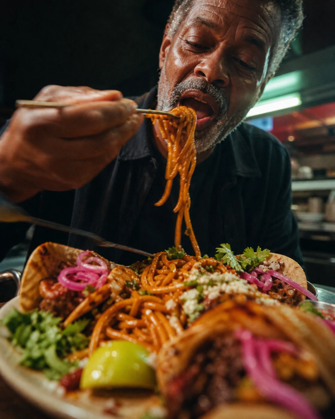 A person eating saucy noodles and tacos at a restaurant.